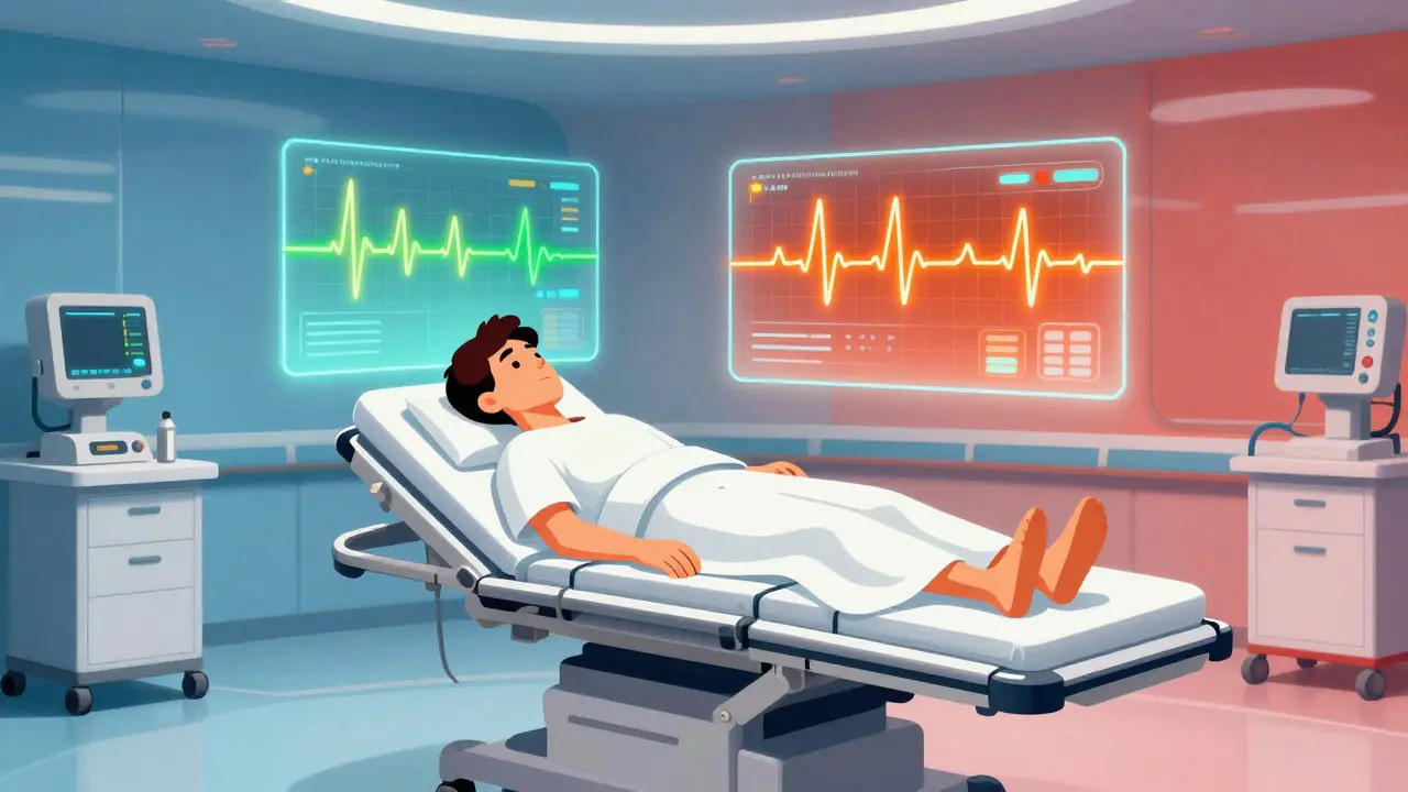 Patient in futuristic hospital monitored by glowing cardiac waveform displays