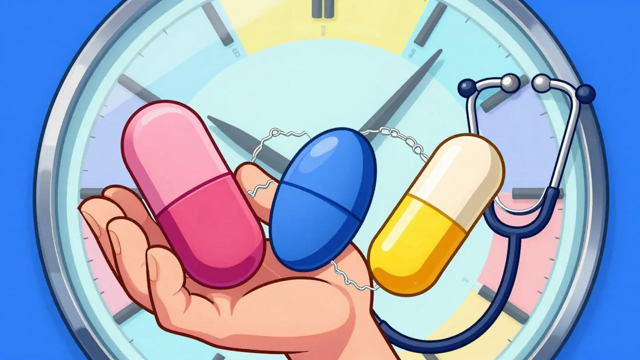 Patient managing complex medication interactions with a timeline backdrop
