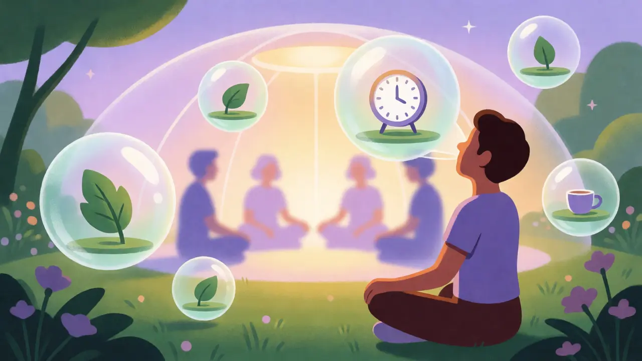 Person practicing breathing exercises in a futuristic garden surrounded by calming bubbles.