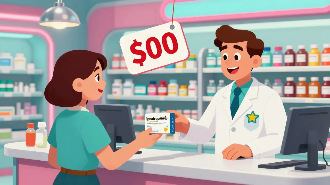 Pharmacist handing over medication in futuristic retro shop