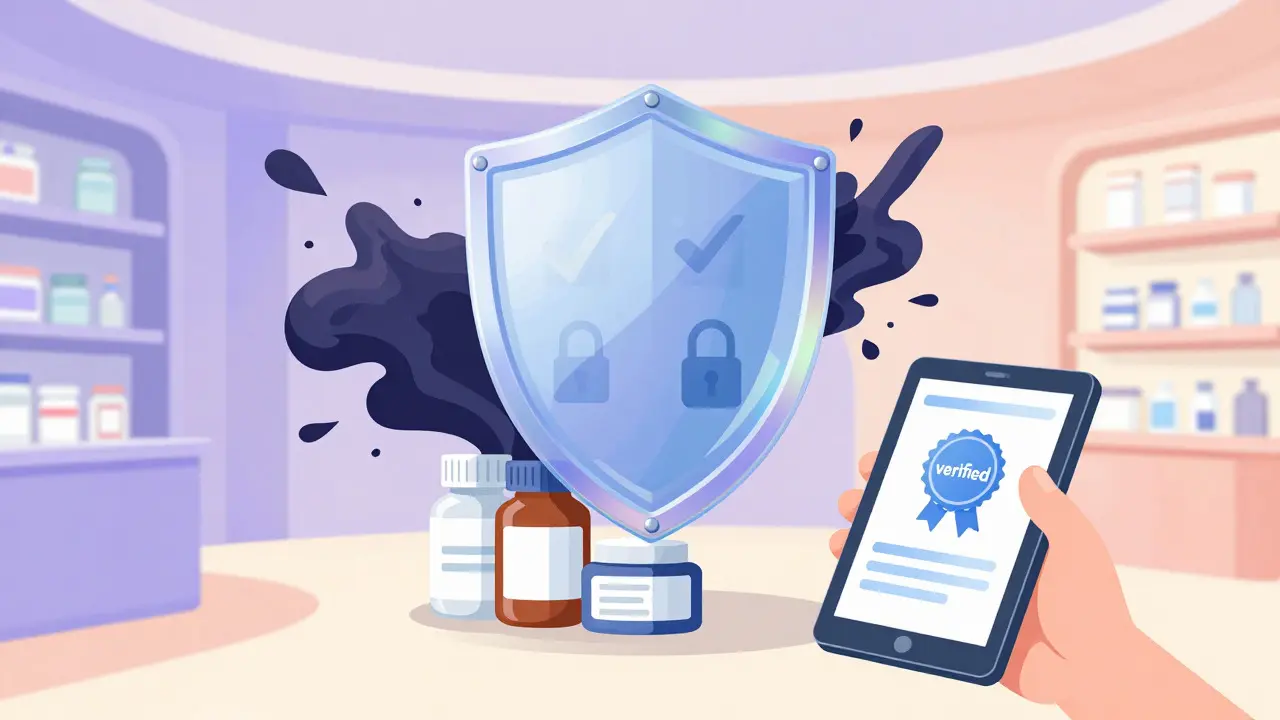 Protective shield guarding medication bottles from chaotic background elements