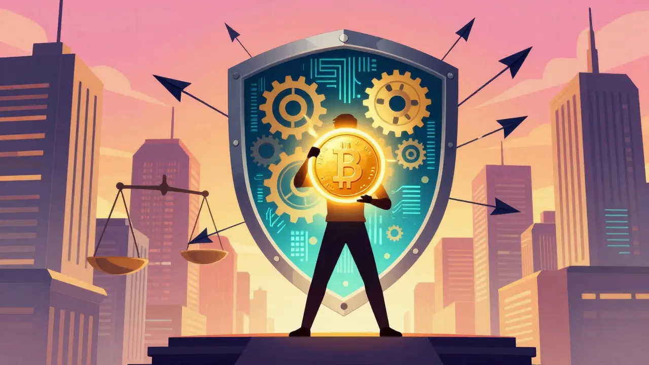 Retro-futuristic art of a person holding a golden coin behind a shield