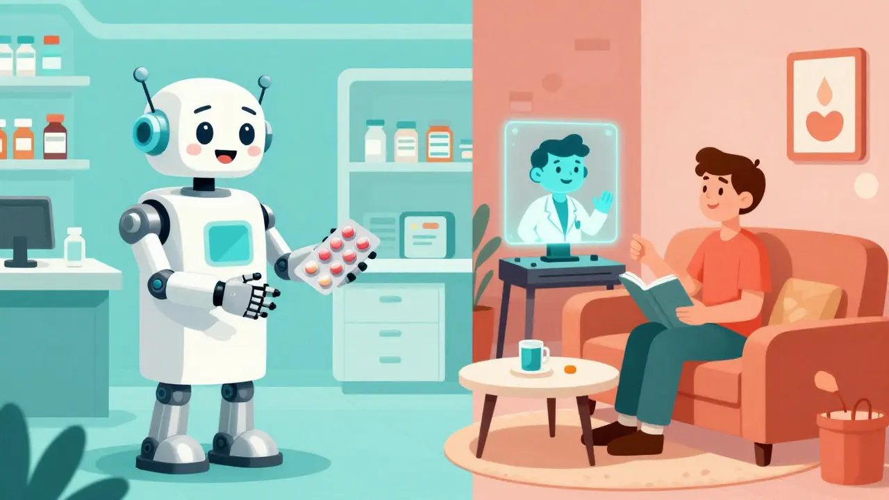 Robot pharmacist and holographic doctor in retro-futuristic cartoon