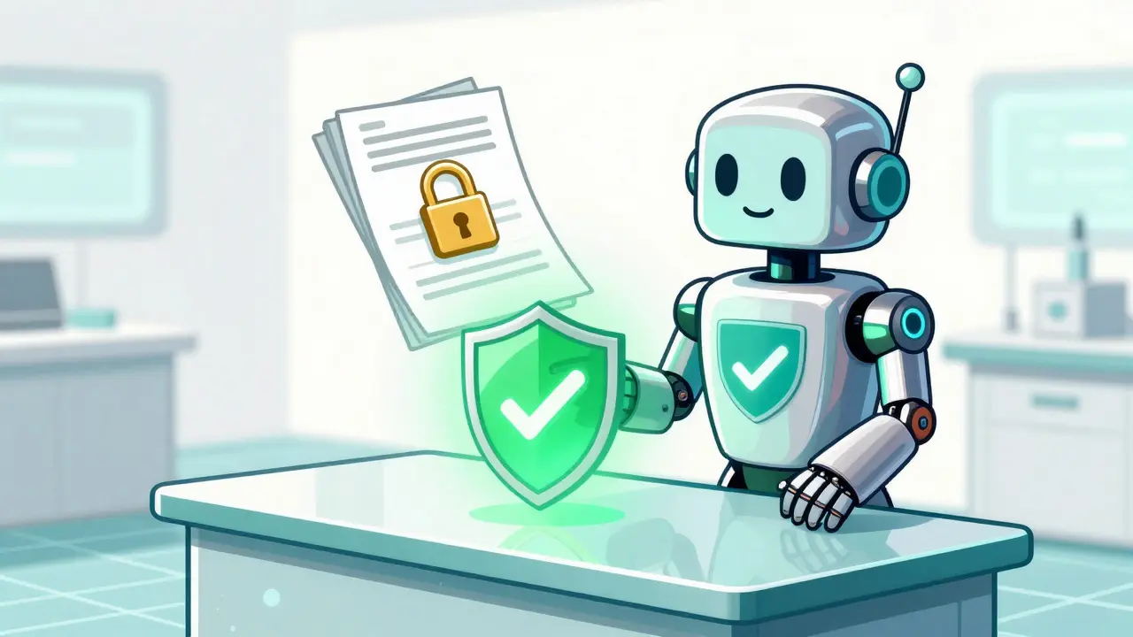 Robot pharmacist verifying a prescription with a glowing shield icon