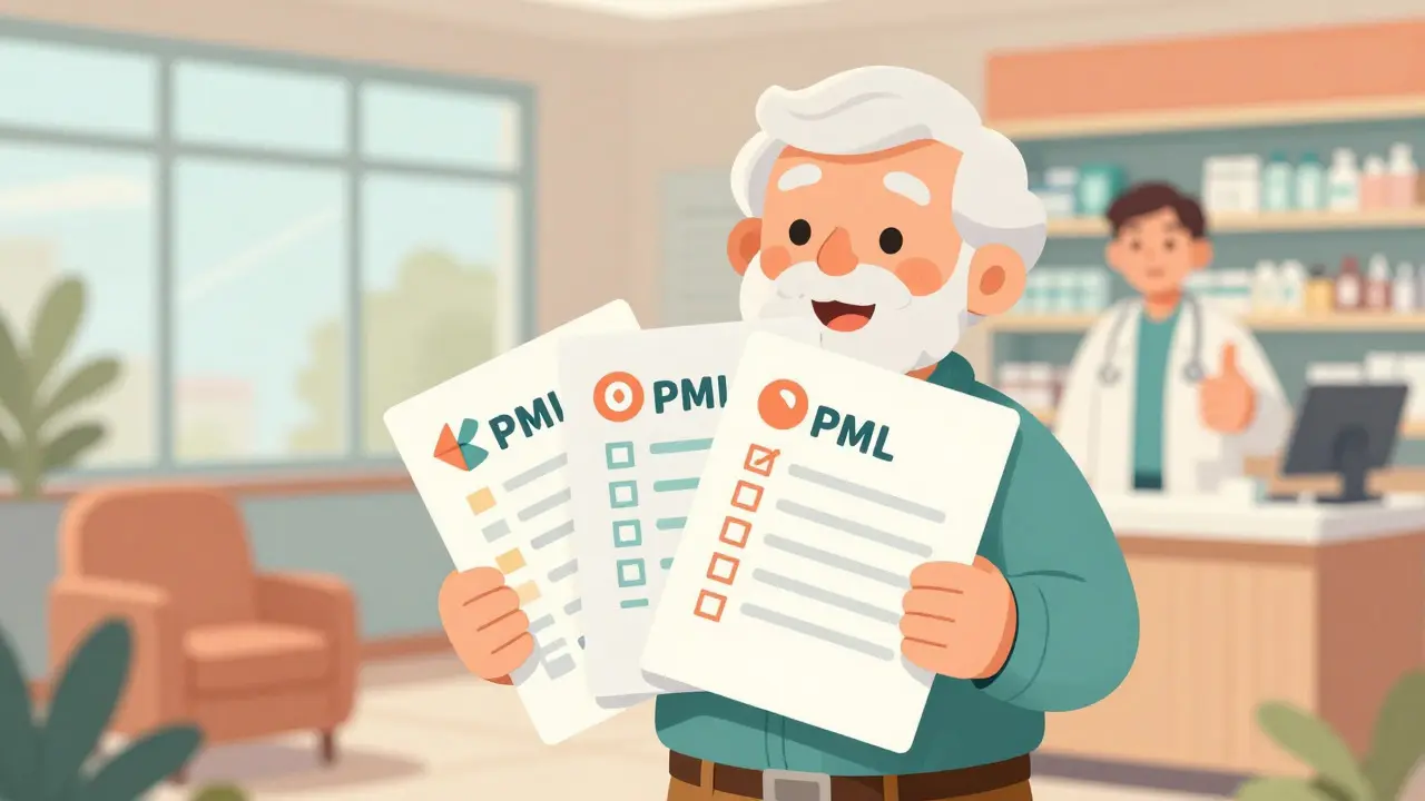 Senior holding summary documents with pharmacist approval in retro-futuristic pharmacy