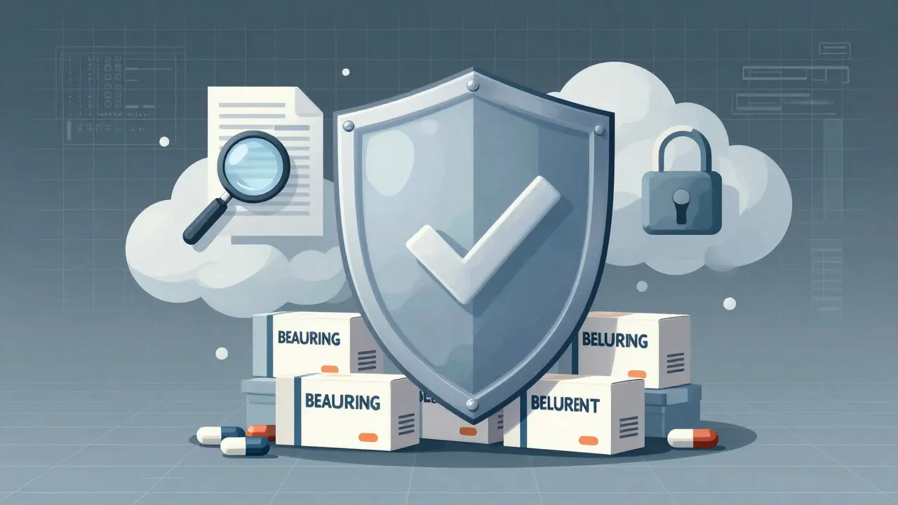Shield protecting medicine boxes symbolizing safe online pharmacy