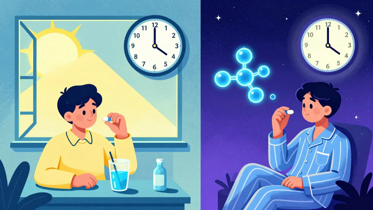 Split illustration comparing morning vs bedtime thyroid dosing