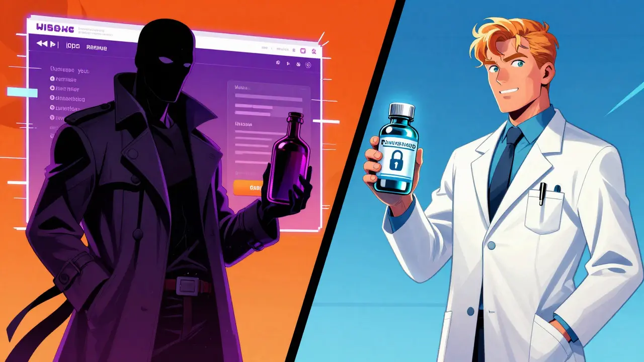Split screen comparing a shady seller with a trustworthy, secure online pharmacy retailer.