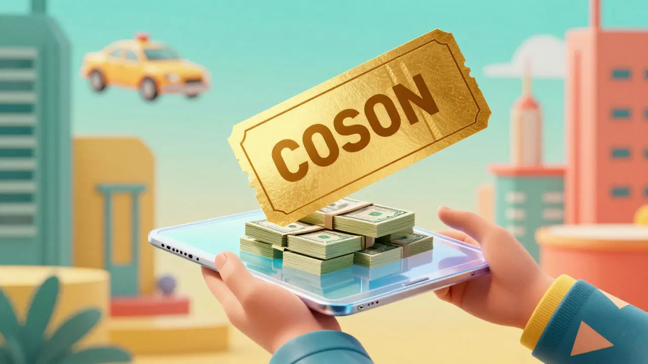 Stylized person using a futuristic device to save money on medication with a golden coupon.