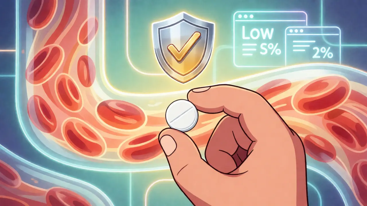 Hand holding warfarin tablet with stylized blood cells and safety shield