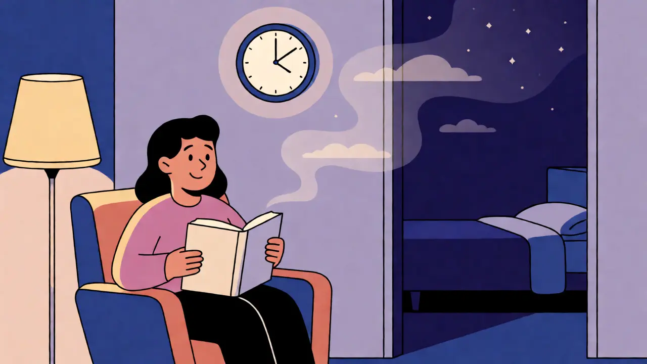 Person reading in chair feeling sleepy near a dimly lit bedroom