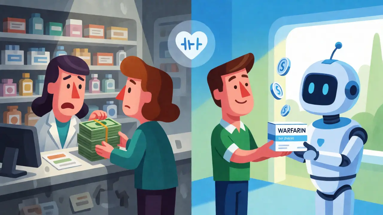 Split screen showing costly pharmacy visit versus easy home delivery of meds