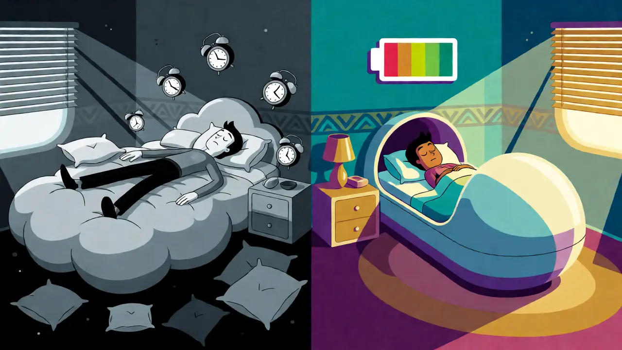 Split view comparing chaotic sprawling bed with efficient sleeping pod